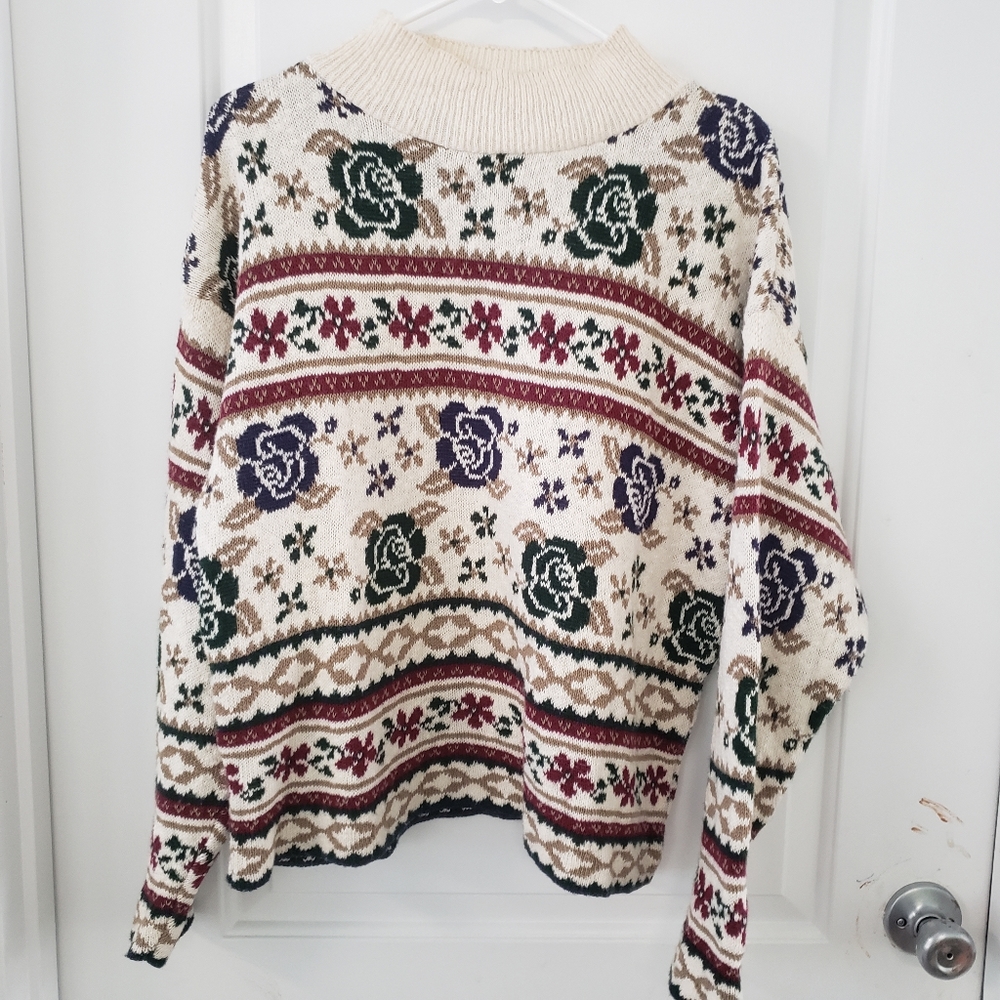 Vtg Denim Republic cream Floral print sweater sz L